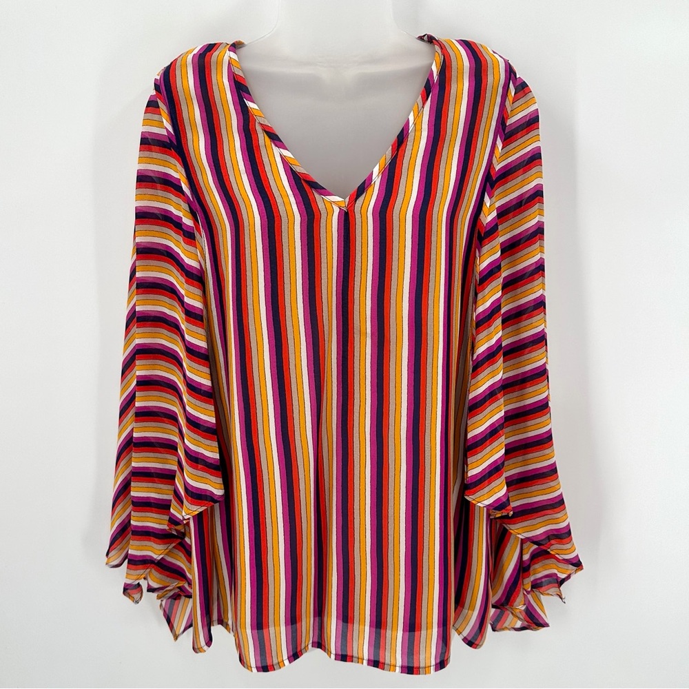Trina Turk Blouse Women’s M Multi Pagoda Stripe Top Flutter Flowy 185101 READ